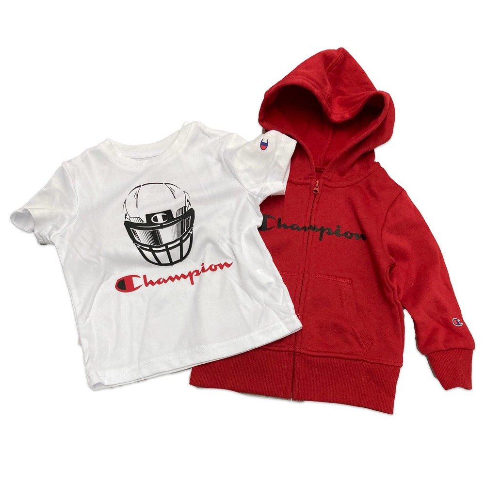 Red Champion Logo Toddler Zip Hoodie and White Champion Football T-shirt (2T)
